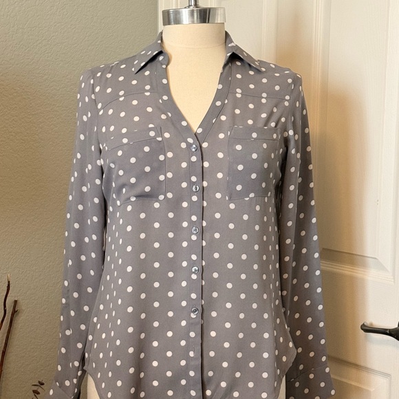 Express Gray and White Polka Dot Button-Down Shirt - Picture 1 of 3